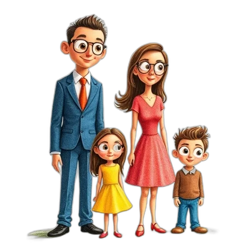 cartoon, concept art, 3d render, photorealistic, crayon, drawing, family, four transparent PNG cut-out