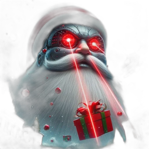 concept art, futuristic, santa, claus, red, laser, eyes, mechanical transparent PNG cut-out
