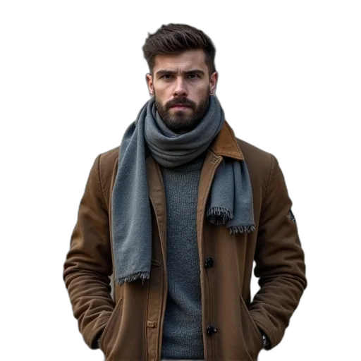 jacket, staff, face, photorealistic, concept art, earth tones, dark, monochrome transparent PNG cut-out