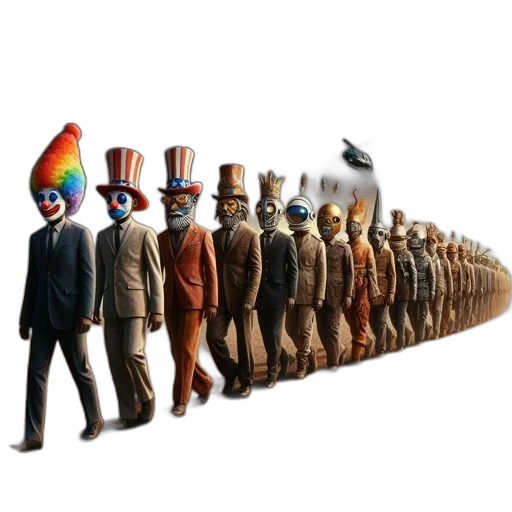 staff, hat, mask, crown, concept art, 3d render, city street, unusual transparent PNG cut-out