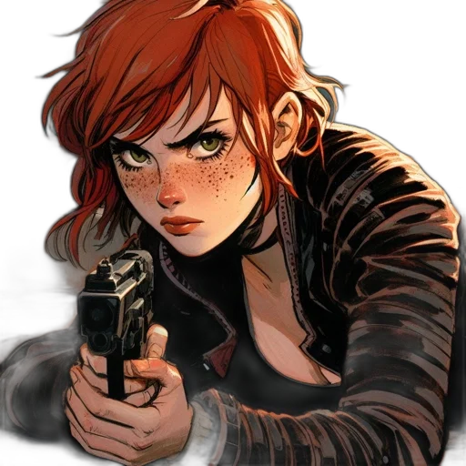weapon, jacket, comic book art, concept art, cyberpunk, cartoon, fire, red transparent PNG cut-out