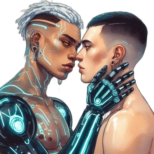 robot, cyberpunk, concept art, fantasy art, comic book art, neon lights, outer space, blue transparent PNG cut-out