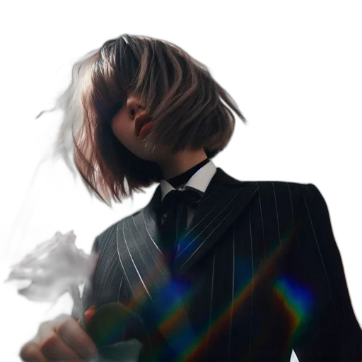 jacket, hair, dress, staff, cyberpunk, photorealistic, concept art, neon lights transparent PNG cut-out