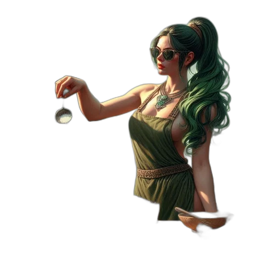 dress, jewelry, staff, concept art, fantasy art, pixel art, comic book art, green transparent PNG cut-out