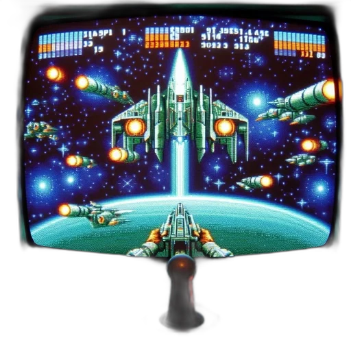 pixel art, outer space, old-school, arcade, screen, features, space-themed, shooter transparent PNG cut-out