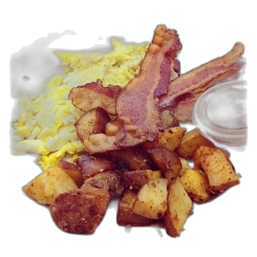 food, photorealistic, plate, breakfast, eggs, bacon, potatoes, ketchup transparent PNG cut-out