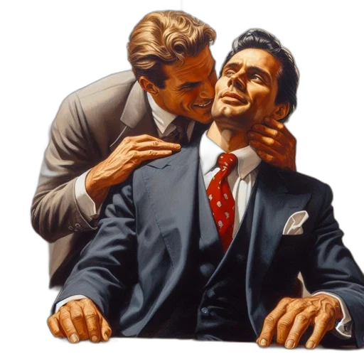 photorealistic, oil painting, two, men, engage, hushed, conversation, next transparent PNG cut-out