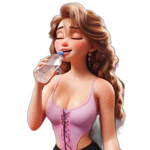 cartoon, concept art, 3d render, photorealistic, sweating, woman, drinks, water transparent PNG cut-out