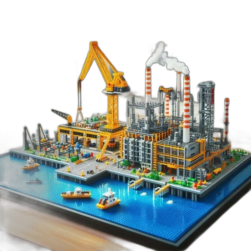 lego, model, industrial, scene, crane, buildings, harbor, sits transparent PNG cut-out