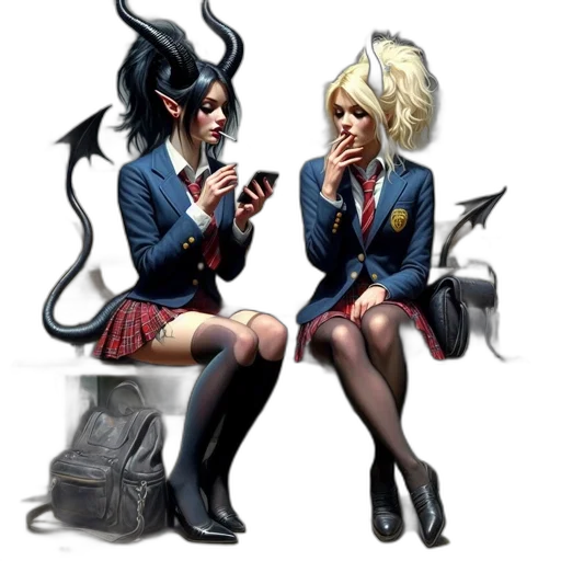 comic book art, concept art, fantasy art, cartoon, two, schoolgirls, sit, bench transparent PNG cut-out
