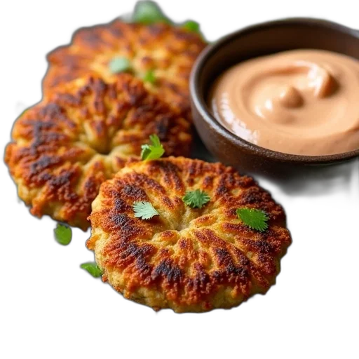 food, three, cooked, falaf, patties, bowl, dip, sauce transparent PNG cut-out