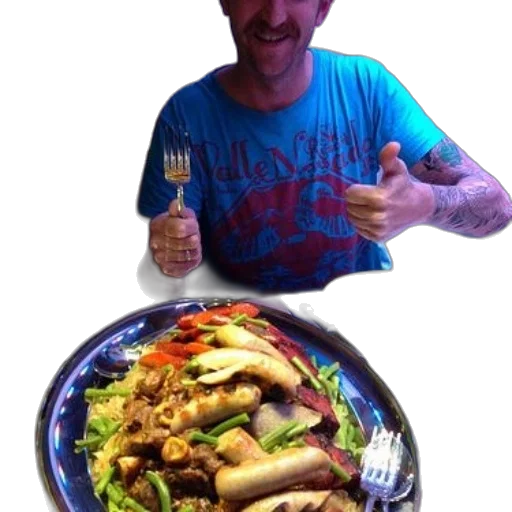 food, bottle, man, blue, shirt, gives, thumbs, while transparent PNG cut-out