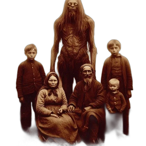 creature, mask, hair, concept art, forest, vintage, photograph, shows transparent PNG cut-out
