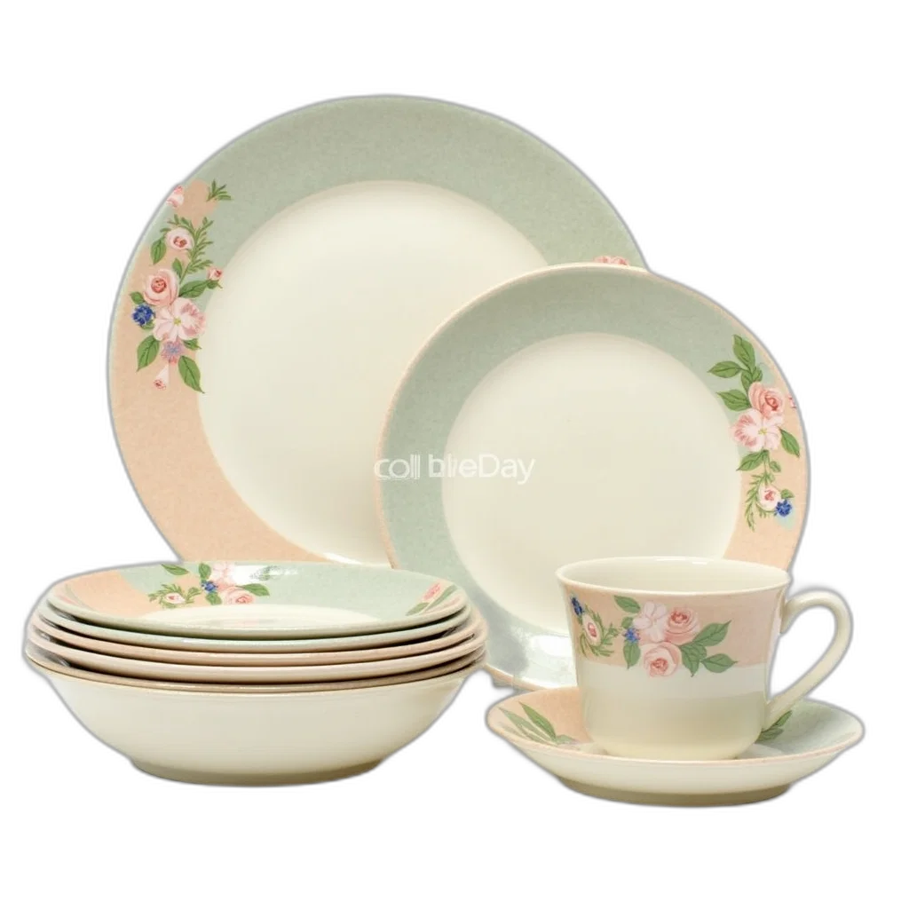 food, 3d render, pastel, collection, vintage-style, ceramic, dishes, color transparent PNG cut-out