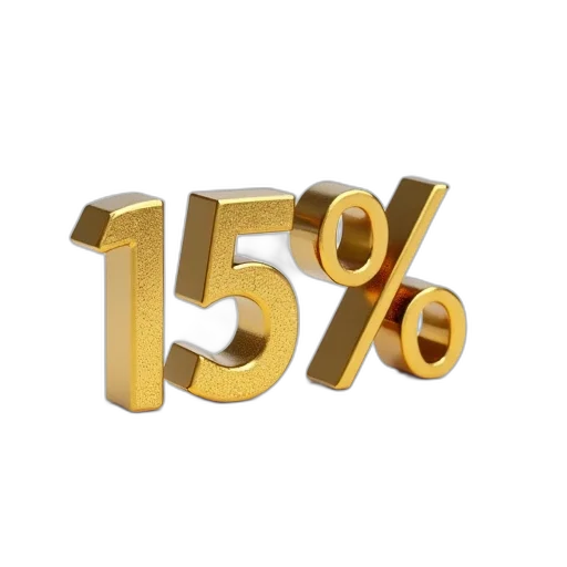 jewelry, 3d render, gold, fifteen, percent, percentage, sign, white transparent PNG cut-out