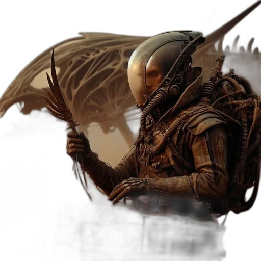 dragon, creature, mask, sword, fantasy art, concept art, photorealistic, 3d render transparent PNG cut-out