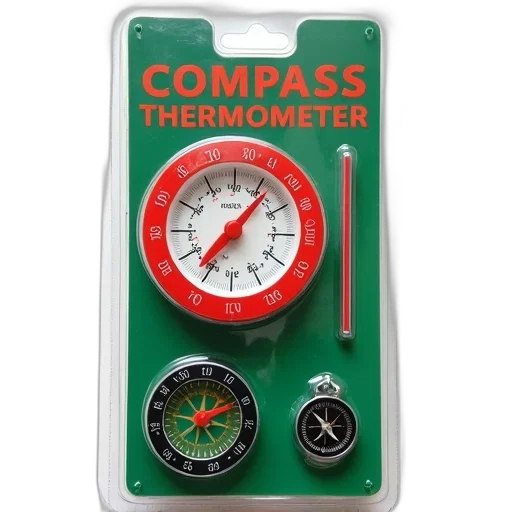 green, red, thermometer, compass, design, displayed, plastic, package transparent PNG cut-out