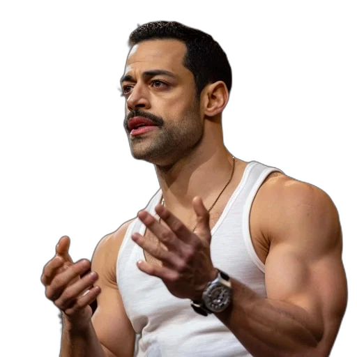 photorealistic, concept art, intense, man, white, tank, top, gestures transparent PNG cut-out