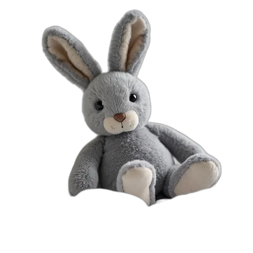 3d render, small, grey, rabbit, plush, toy, lying, white transparent PNG cut-out