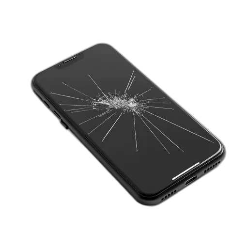 weapon, black, smartphone, cracked, screen, lying, white, surface transparent PNG cut-out