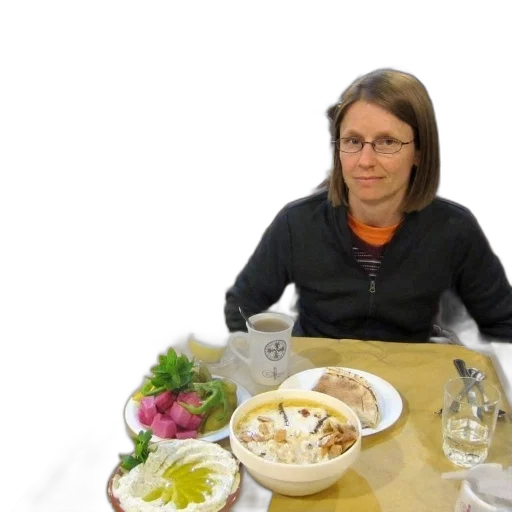food, staff, face, woman, sits, table, variety, dishes transparent PNG cut-out