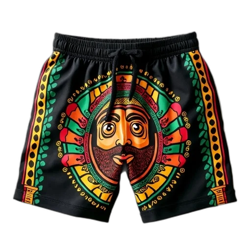 pair, black, shorts, colorful, pattern, featuring, large, stylized transparent PNG cut-out