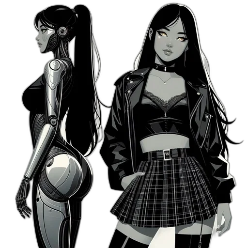 dress, jacket, comic book art, concept art, cartoon, cyberpunk, neon lights, monochrome transparent PNG cut-out