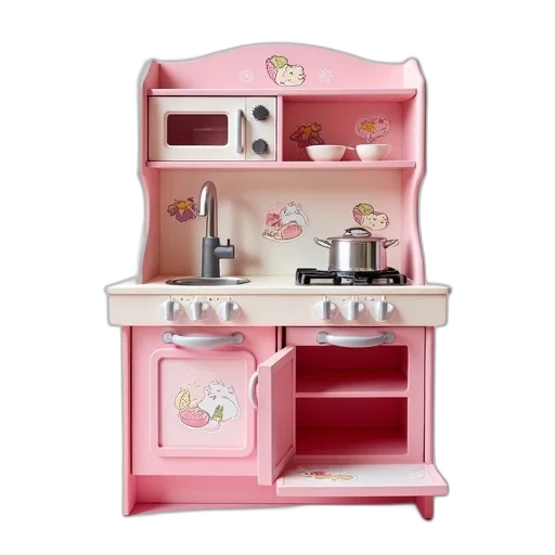 furniture, 3d render, pastel, child, play, kitchen, pink, white transparent PNG cut-out