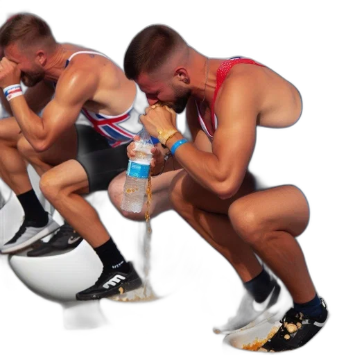 shoes, photorealistic, concept art, 3d render, two, athletes, sit, adjacent transparent PNG cut-out