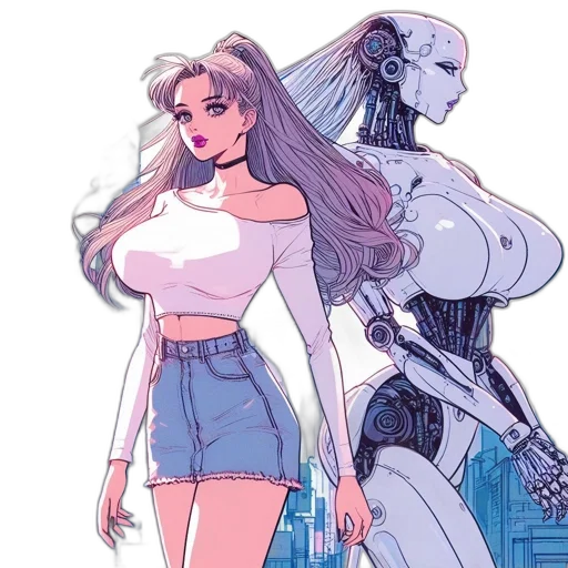 robot, cyberpunk, comic book art, concept art, vaporwave, outer space, neon lights, pastel transparent PNG cut-out