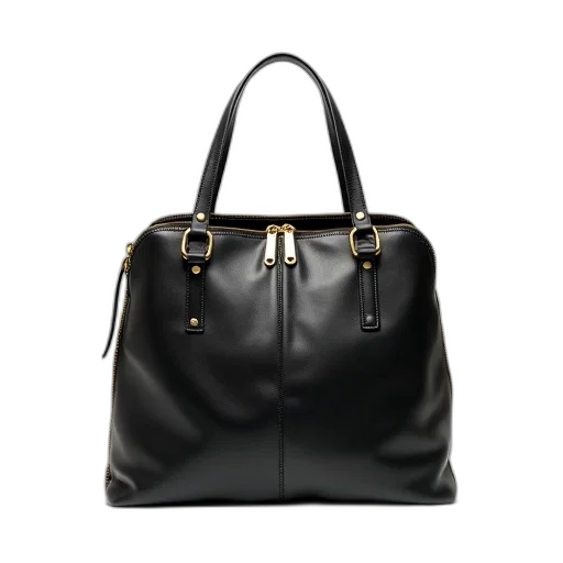 dark, black, leather, bag, shiny, finish, gold, zipper transparent PNG cut-out