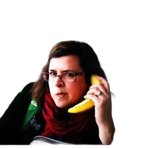 staff, animal, creature, photorealistic, woman, glasses, holds, banana transparent PNG cut-out