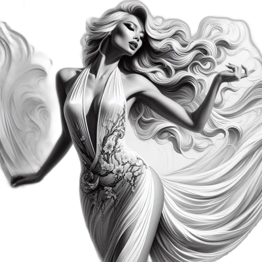 dress, fantasy art, pencil sketch, photorealistic, concept art, fire, underwater, monochrome transparent PNG cut-out