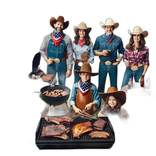 food, gathering, people, dressed, western, garb, enjoys, barbecue transparent PNG cut-out