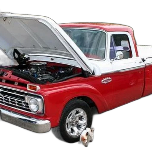 car, photorealistic, classic, red, white, pickup, truck, hood transparent PNG cut-out