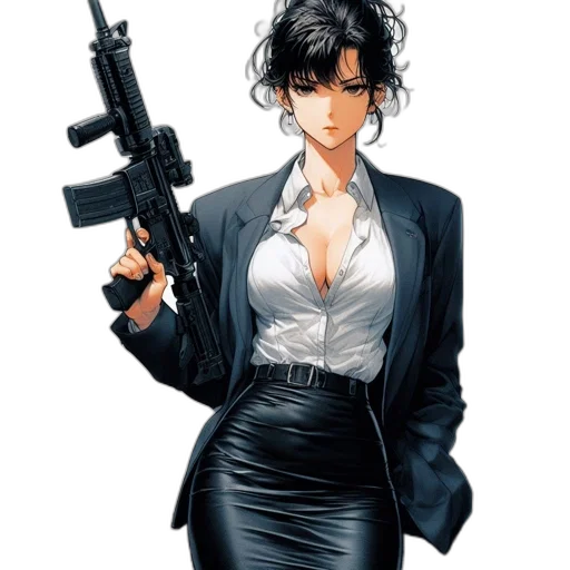 weapon, jacket, comic book art, concept art, pixel art, cartoon, animated, woman transparent PNG cut-out
