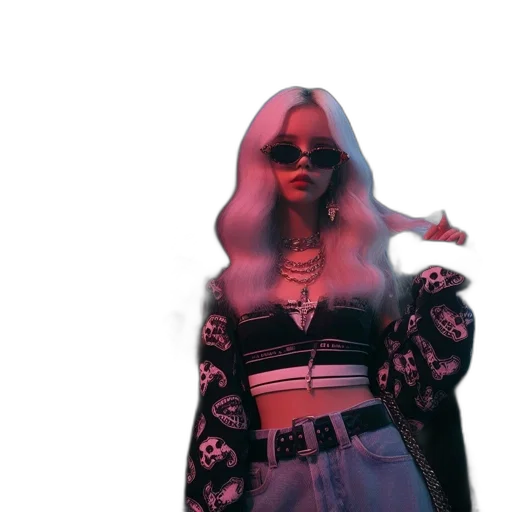 jacket, dress, hair, vaporwave, 3d render, concept art, cyberpunk, neon lights transparent PNG cut-out