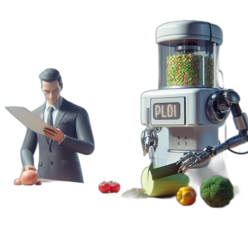 robot, food, 3d render, concept art, cyberpunk, photorealistic, outer space, futuristic transparent PNG cut-out