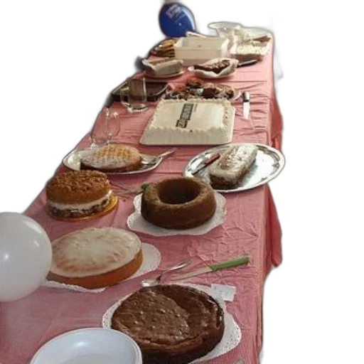 food, 3d render, table, covered, various, cakes, desserts, including transparent PNG cut-out