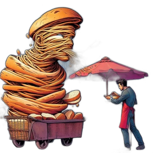 food, concept art, comic book art, photorealistic, anthropomorphic, spaghetti, figure, interacts transparent PNG cut-out