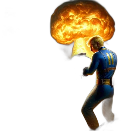 jacket, weapon, concept art, comic book art, 3d render, pixel art, fire, post-apocalyptic transparent PNG cut-out