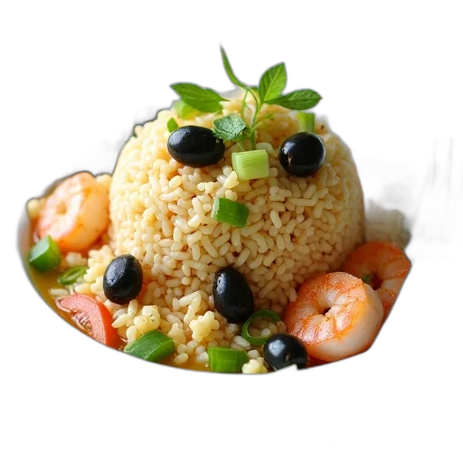 food, 3d render, photorealistic, plate, rice, shrimp, vegetables, placed transparent PNG cut-out