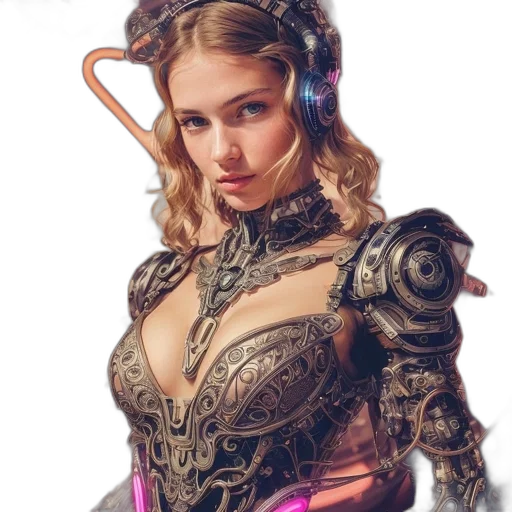 robot, dress, jewelry, weapon, cyberpunk, fantasy art, concept art, comic book art transparent PNG cut-out