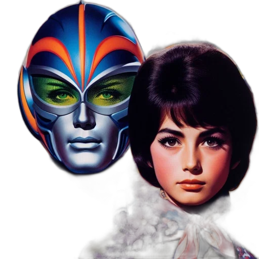 mask, outer space, two, characters, vintage-style, poster, one, blue transparent PNG cut-out