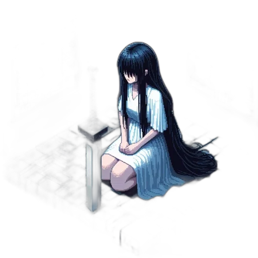dress, robot, sword, hair, pixel art, concept art, anime, watercolor transparent PNG cut-out
