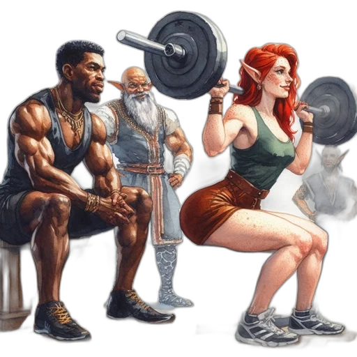 concept art, comic book art, fantasy art, fire, indoor, gym, diverse, set transparent PNG cut-out
