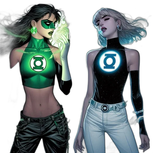 comic book art, concept art, fantasy art, green, two, female, characters, each transparent PNG cut-out