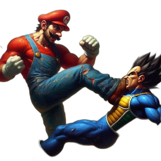 concept art, comic book art, pixel art, mario, vegeta, engage, epic, battle transparent PNG cut-out