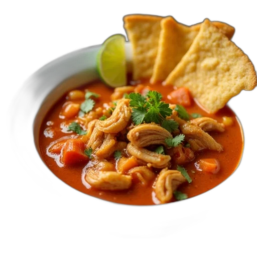 food, photorealistic, slow, cooke, chicken, tortilla, soup, white transparent PNG cut-out