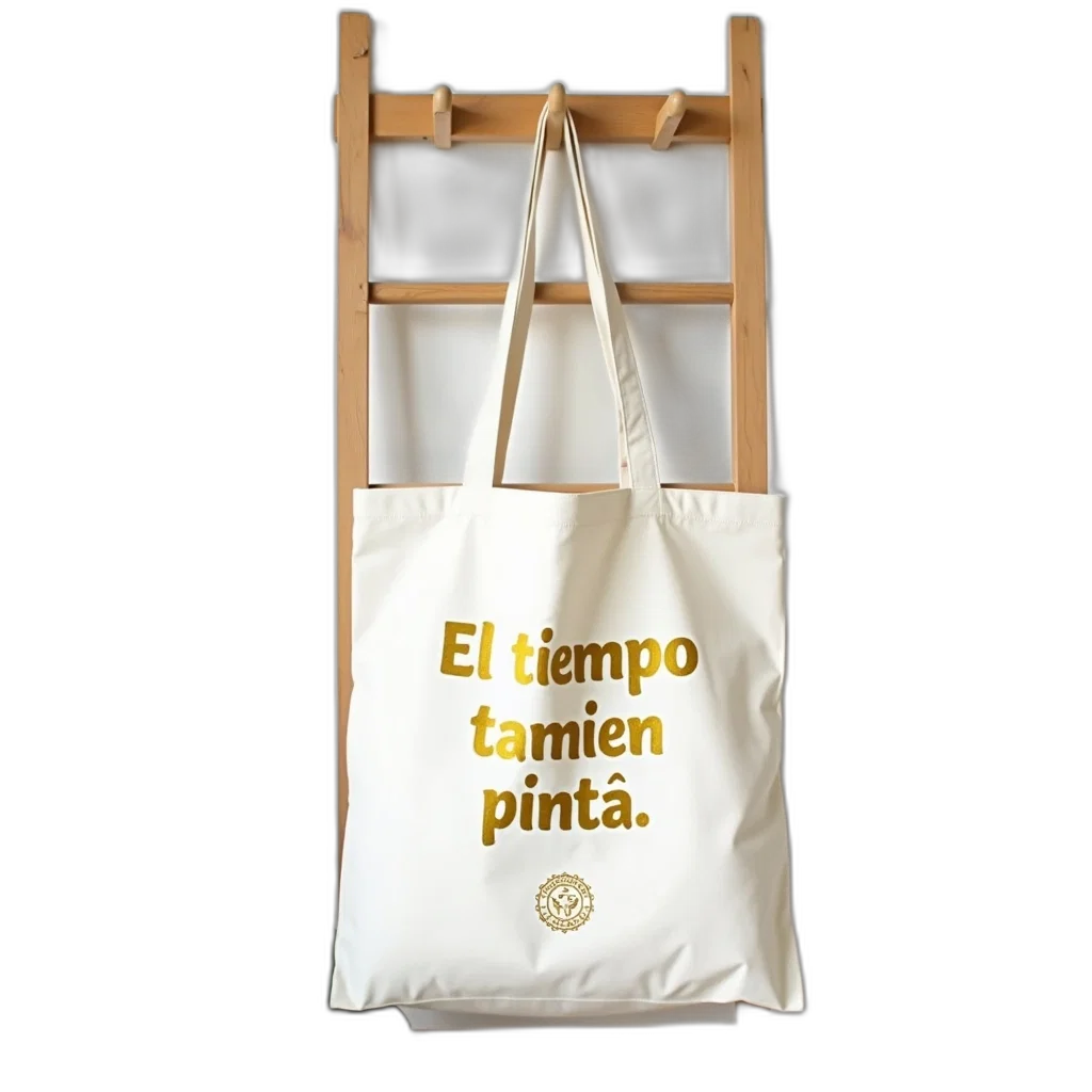 white, tote, bag, gold, logo, phrase, tiempo, tambien transparent PNG cut-out